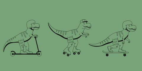 Set of riding theranosaurs. Funny predators in outline style.