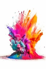 Rainbow holi powder paint explodes in multicolor on white background. (Generative AI)