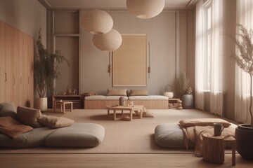 The meditation room presents a peaceful setting with individuals seated on cushions, imagery in muted tones to evoke calmness. (Generative AI)
