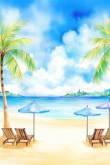 Obraz na płótnie Canvas A beautiful beach banner displaying a watercolor painting of white sand, chairs, and an umbrella with a wide panorama background. (Generative AI)