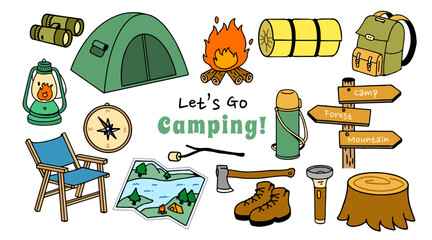 Set collection of camping items and characters. Camping. Adventure nature clipart. isolated element, hand-drawn style, vector illustration.