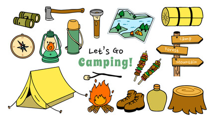 Set collection of camping items and characters. Camping. Adventure nature clipart. isolated element, hand-drawn style, vector illustration.