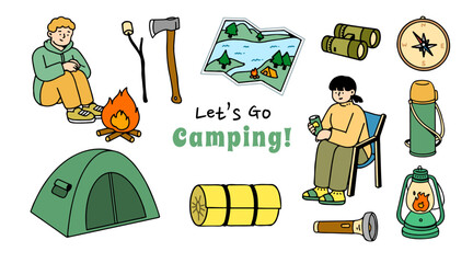 Set collection of camping items and characters. Camping. Adventure nature clipart. isolated element, hand-drawn style, vector illustration.