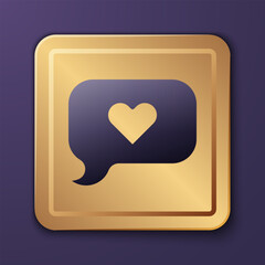 Purple Heart in speech bubble icon isolated on purple background. Happy Valentines day. Gold square button. Vector