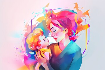 Mother and Child Bond. happy mothers day celebration .illustration. line drawing. Generative AI