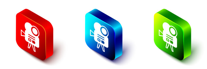 Isometric Retro cinema camera icon isolated on white background. Video camera. Movie sign. Film projector. Red, blue and green square button. Vector