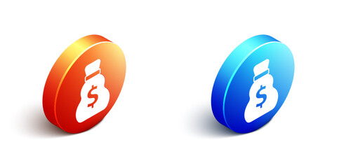 Obraz premium Isometric Old money bag icon isolated on white background. Cash Banking currency sign. Orange and blue circle button. Vector