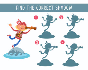 Find correct shadow. Educational puzzle game for children. Cute pirate looking through spyglass. Vector cartoon illustration.