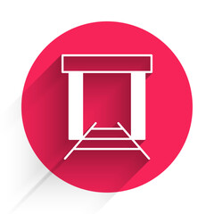 White Gold mine icon isolated with long shadow background. Red circle button. Vector