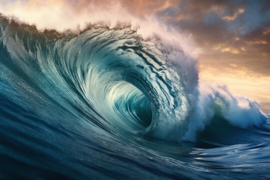 Huge Blue Ocean Waves Breaking Near Intense Wave Structure, Captivating Seascape, Generative AI