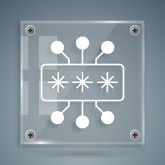 White Cyber security icon isolated on grey background. Closed padlock on digital circuit board. Safety concept. Digital data protection. Square glass panels. Vector