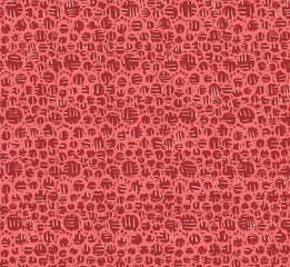 Hand-drawn abstract bubbles and lines on red background seamless pattern.