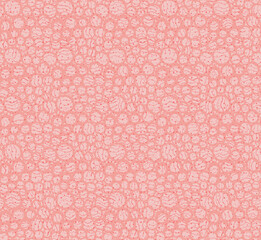 Hand-drawn abstract bubbles, lines and dots on pink background seamless pattern.