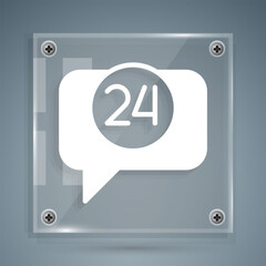 White Telephone 24 hours support icon isolated on grey background. All-day customer support call-center. Full time call services. Square glass panels. Vector