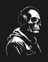 Skull in headphones. T-shirt print design on a black background. Vector illustration.