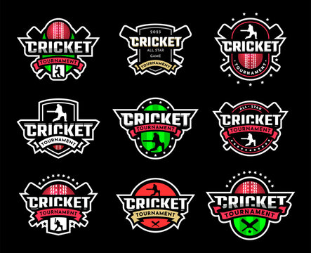 Set of logos, cricket tournament on a black background. Vector illustration.