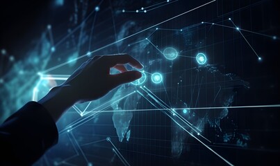 Obraz premium Customer network relationship and business investment growth up management concept on virtual screens, Businessman hold future data graph development planning on the network structure of the business