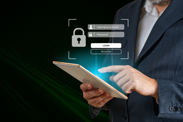 login landing page concept. man typing login and password. Hand use mobile smartphone for log in to enter login and password. sign in page concept
