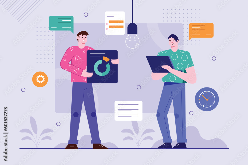 Poster work flow purple background concept with people scene in the flat cartoon design. employees work wit