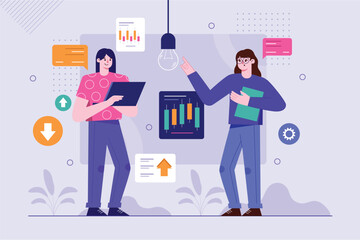 Business meeting purple background concept with people scene in the flat cartoon style. Business colleagues met to discuss various work issues. Vector illustration.
