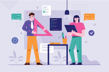 Education purple background concept with people scene in the flat cartoon design. The boy came to geometry class with rulers to draw. Vector illustration.