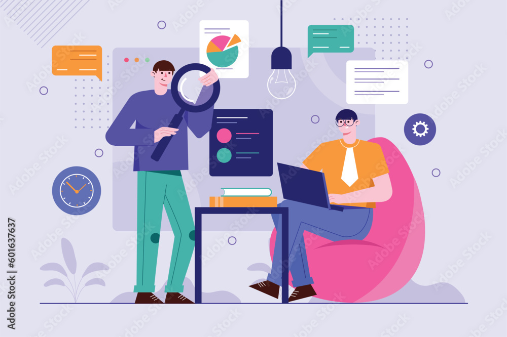 Poster purple concept searching internet with people scene in the flat cartoon design. programmers are look