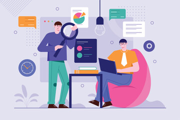 Purple concept Searching internet with people scene in the flat cartoon design. Programmers are looking for the cause of some errors on the Internet. Vector illustration.