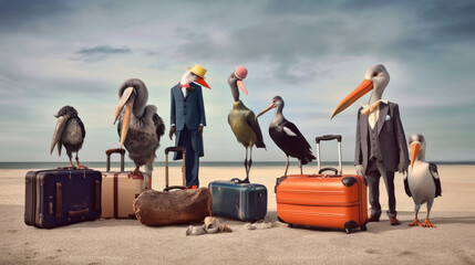 Different anthropomorphic birds dressed as people migrants with suitcases on the seashore created with Generative AI