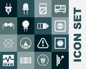 Set Electrical panel, light switch, outlet, Multimeter, Light emitting diode, Resistor electricity, plug and Battery charge level indicator icon. Vector