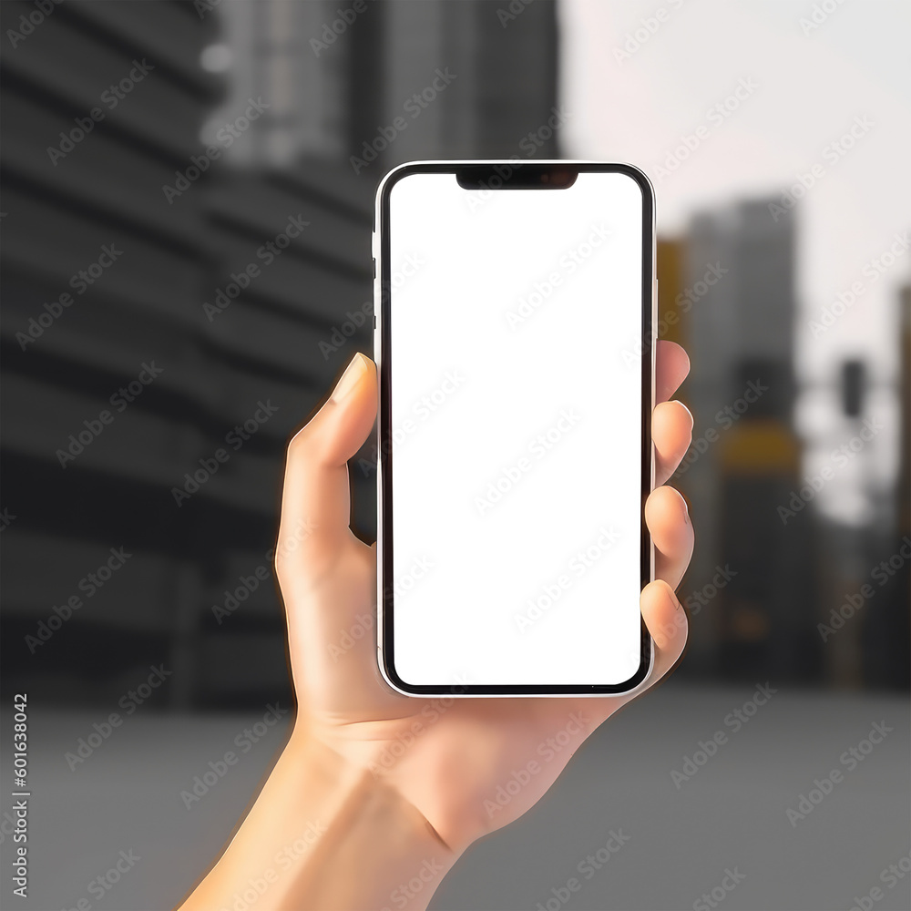 Poster man hand holding mockup smartphone. mobile with blank screen and can be add your text or picture. is