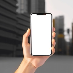 Man hand holding mockup smartphone. mobile with blank screen and can be add your text or picture. Isolated transparent png background. Generative AI