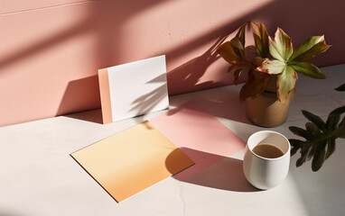 Obraz na płótnie Canvas Stationery flatlay, blank paper invitation, letter or gift card with mug of tea and floral bouquet, empty copyspace for mockup, generative AI