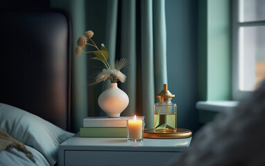 Interior decor vignette still life of hotel room bedside table with candle, bouquet, stack of books, and art deco perfume bottle, Generative AI