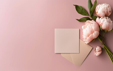 Stationery flatlay with floral decor on pink surface, blank paper invitation, letter or gift card and blooming flowers, empty copyspace for mockup, generative AI