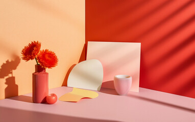 Hot pink geometric stationery flatlay with floral decor, empty copyspace for mockup, generative AI