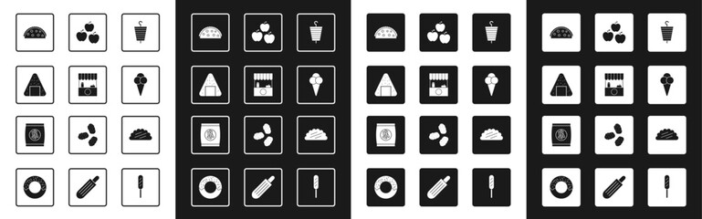 Set Grilled shish kebab, Street stall with awning, Onigiri, Taco tortilla, Ice cream waffle cone, Apple, and Hard bread chucks crackers icon. Vector