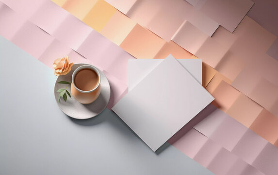 Stationery flatlay with floral decor and mug, blank paper, empty copyspace for mockup, generative AI