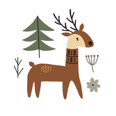 Deer print or postcard. Hand drawn scandinavian forest animal, cute scandinavian poster, kids t-shirt and nursery design. Forest doodle style, vector isolated illustration