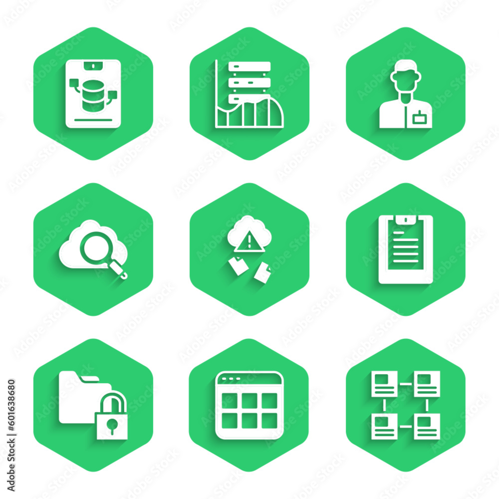 Poster set cloud hacking, browser files, hierarchy organogram chart, server, data report, folder and lock, 