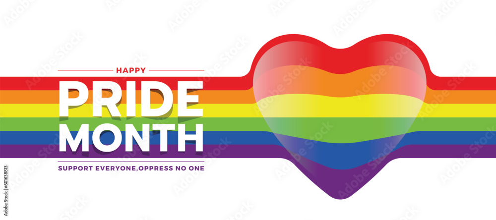 Poster happy pride month text and horizontal pride rainbow flag with heart shape vector design