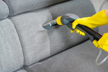 Sofa before and after wet - cleaning indoors. textile sofa vacuum cleaning. professional cleaning service concept. - obrazy, fototapety, plakaty