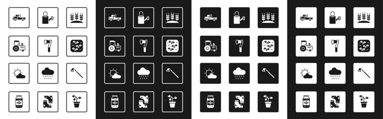 Set Wheat, Wooden axe, Tractor, Pickup truck, Plant, Watering can, Garden hoe and Sun and cloud weather icon. Vector