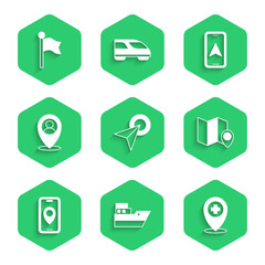 Set Infographic of city map navigation, Ship line path, Location with cross hospital, Folded location marker, City, person, and icon. Vector