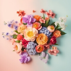 Obraz na płótnie Canvas Bouquet Of Beautiful Spring Flowers On Pastel Background Illustration