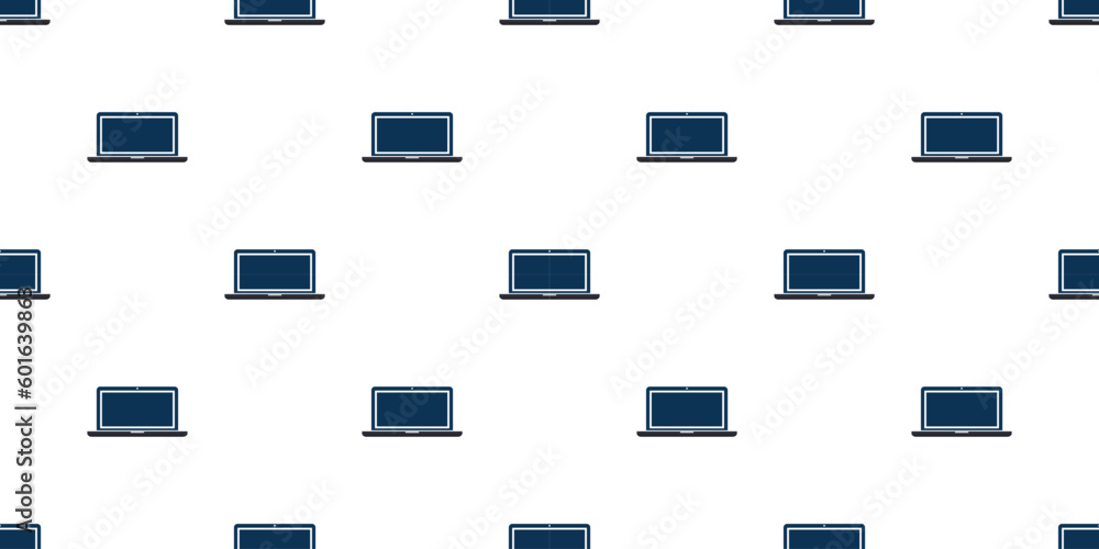 Poster lots of simple dark blue minimalist laptops - seamless pattern on a white background - design, wide 