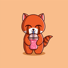Vector Cute Red Panda Drinking Smoothie Illustration. Kawaii Animal Cartoon Character Design For Banner, Poster, Icon, and MascotWeb