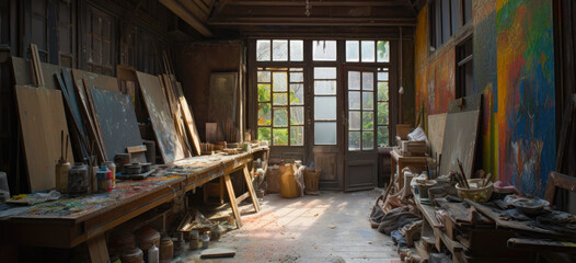 Old European style painters atelier. An artist's atelier, craft room, with brick interior. Canvas, paint brushes, by a window with incoming warm light. Generative AI.