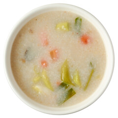 bowl of rice porridge or rice gruel with vegetables, aka rice kanji or congee, comfort and easy to...