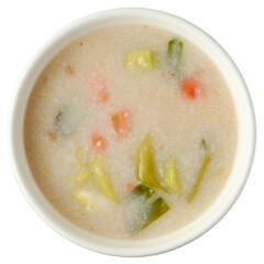 bowl of rice porridge or rice gruel with vegetables, aka rice kanji or congee, comfort and easy to digest creamy textured breakfast food isolated, taken straight from above