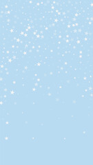 Snowy christmas background. Subtle flying snow flakes and stars on light blue winter backdrop. Delicate sweet snowy christmas. Vertical vector illustration.